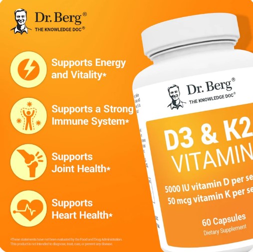 Dr. Berg D3 K2 Vitamin 5000 IU with MCT Powder & MK7 – 60 Capsules