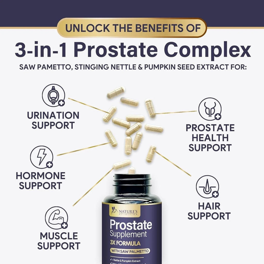 Prostate Supplement 3X Formula with Saw Palmetto by Natures Nutrition, 120 Capsules for Men 1000mg