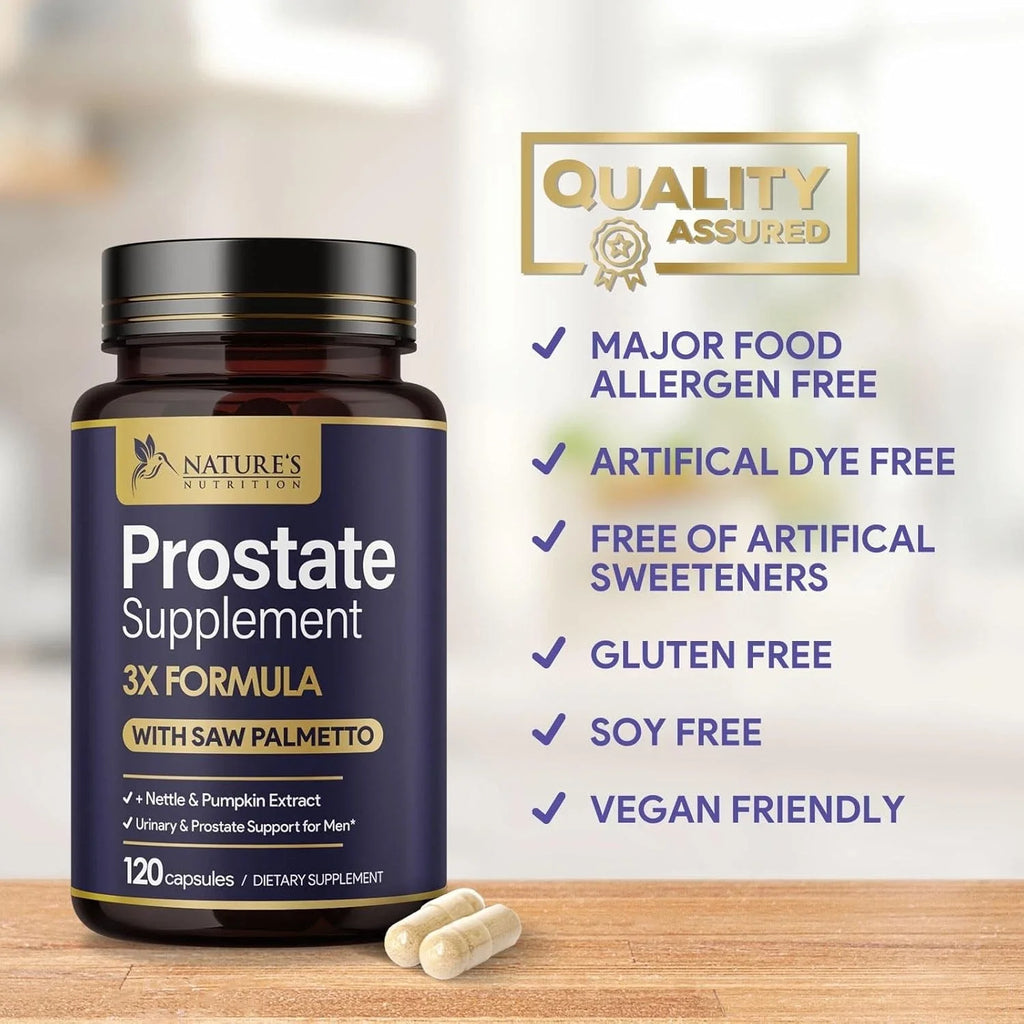 Prostate Supplement 3X Formula with Saw Palmetto by Natures Nutrition, 120 Capsules for Men 1000mg