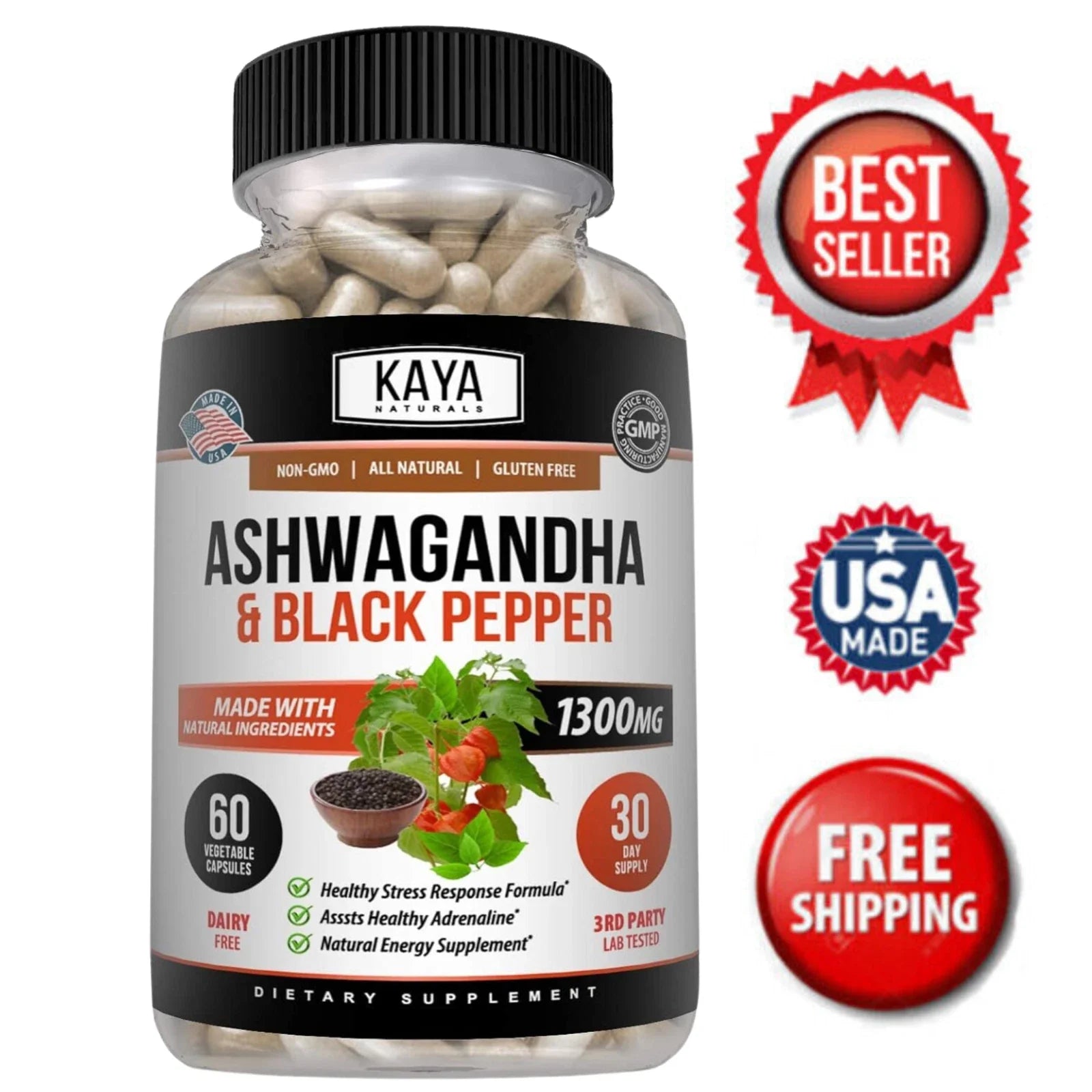 Ashwagandha Capsules 60ct 1300mg Supplement w/ Black Pepper Root Powder, Kaya Natural.