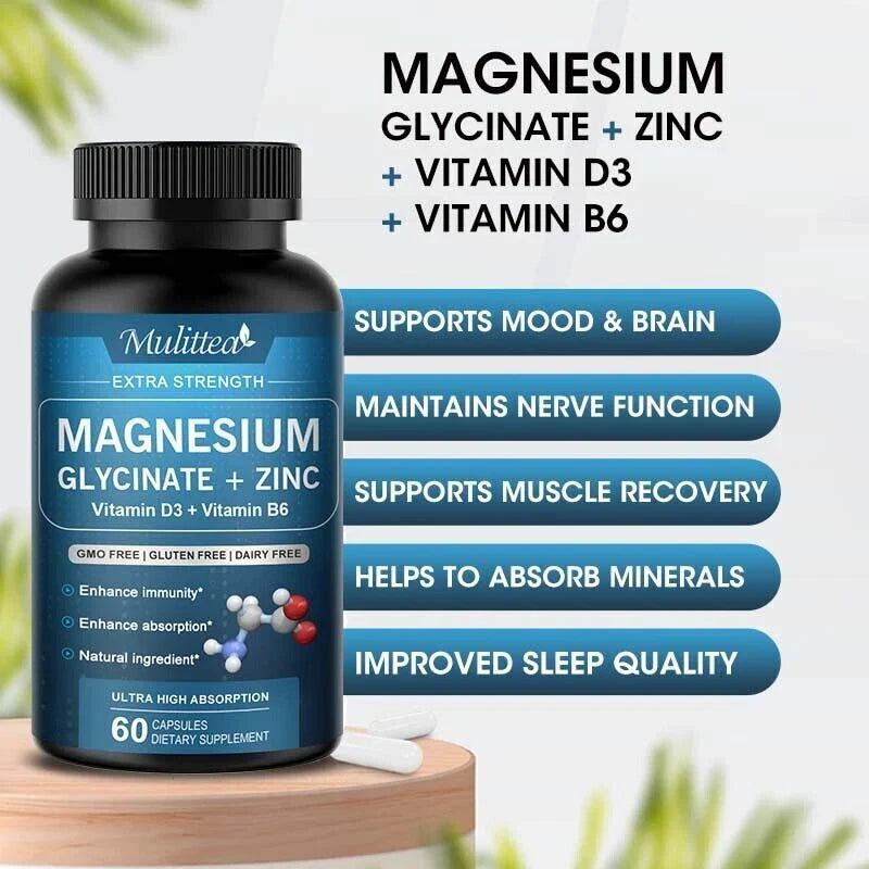 Magnesium Glycinate With Zinc, Vitamin D3, B6, Improved Sleep, Stress , Anxiety Relief, 500MG, Mulettia.