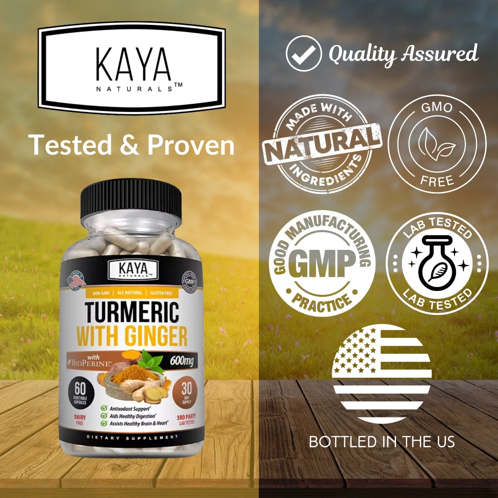 Turmeric Curcumin with Ginger Black Pepper 60ct Joint Pain Max Strength, Kaya Naturals.