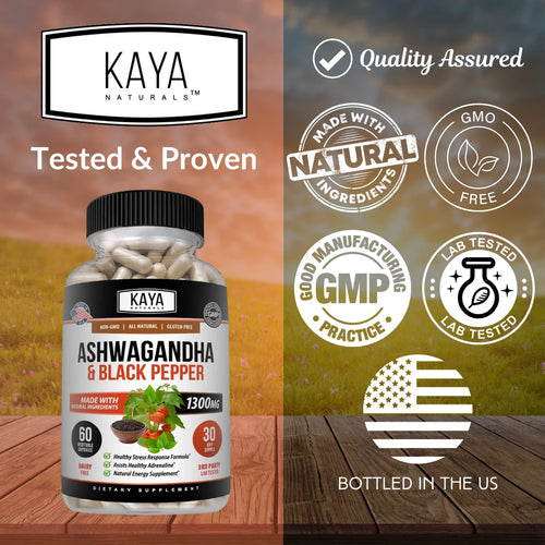 Ashwagandha Capsules 60ct 1300mg Supplement w/ Black Pepper Root Powder, Kaya Natural.
