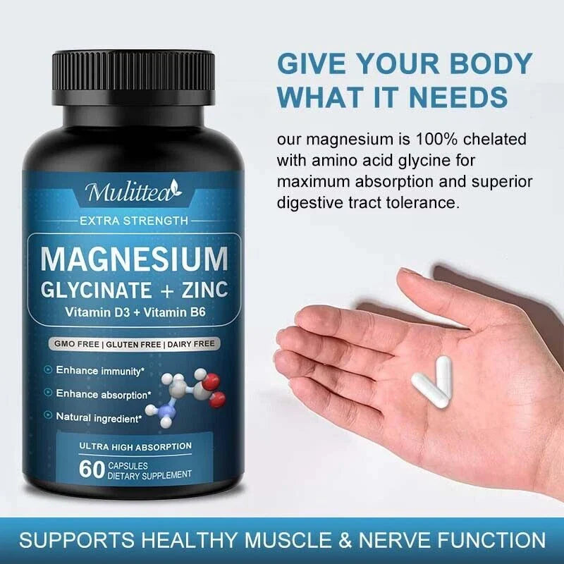 Magnesium Glycinate With Zinc, Vitamin D3, B6, Improved Sleep, Stress , Anxiety Relief, 500MG, Mulettia.