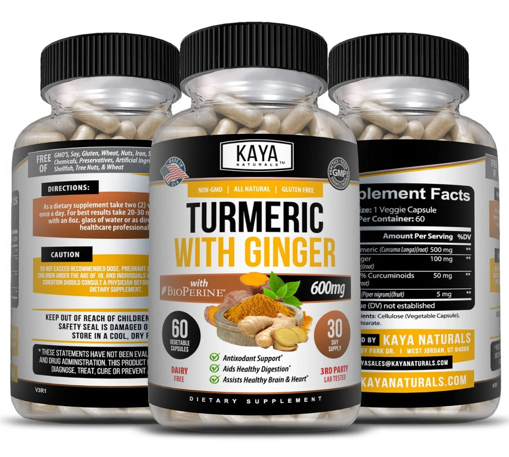 Turmeric Curcumin with Ginger Black Pepper 60ct Joint Pain Max Strength, Kaya Naturals.