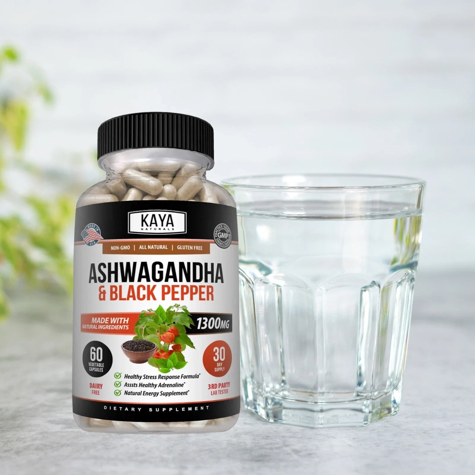 Ashwagandha Capsules 60ct 1300mg Supplement w/ Black Pepper Root Powder, Kaya Natural.