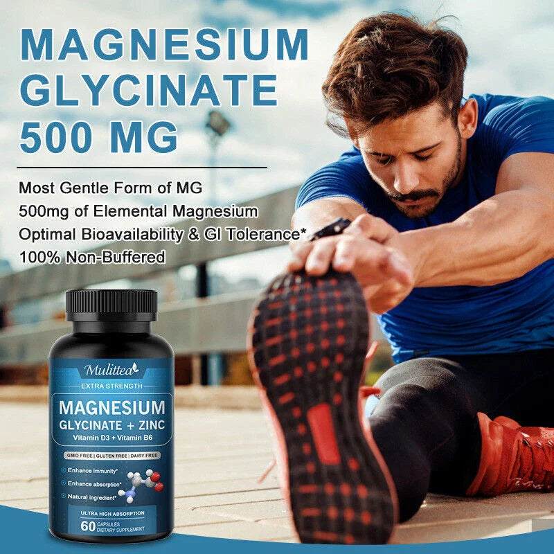 Magnesium Glycinate With Zinc, Vitamin D3, B6, Improved Sleep, Stress , Anxiety Relief, 500MG, Mulettia.