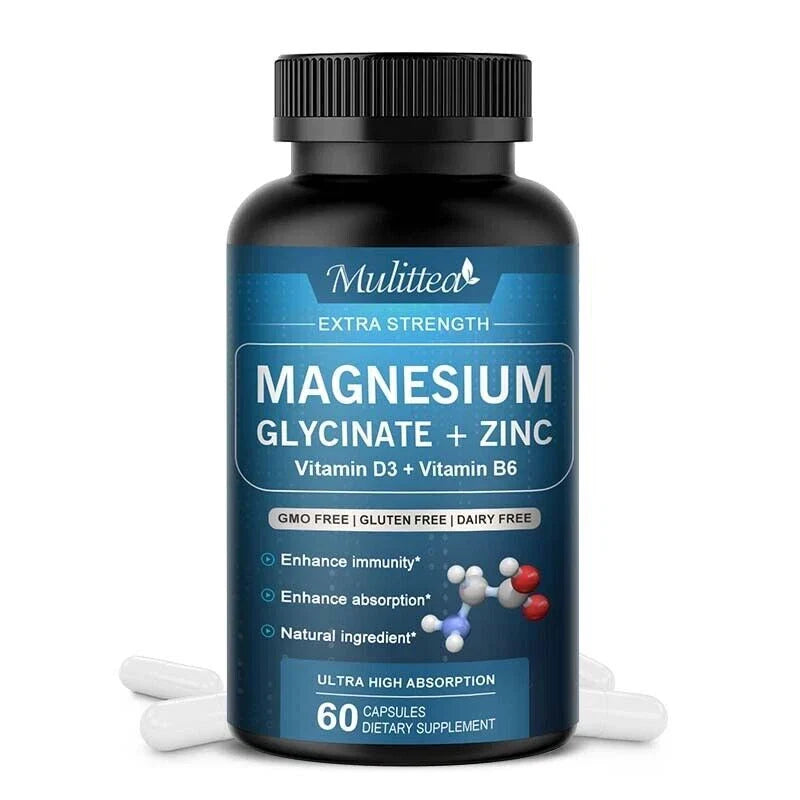 Magnesium Glycinate With Zinc, Vitamin D3, B6, Improved Sleep, Stress , Anxiety Relief, 500MG, Mulettia.