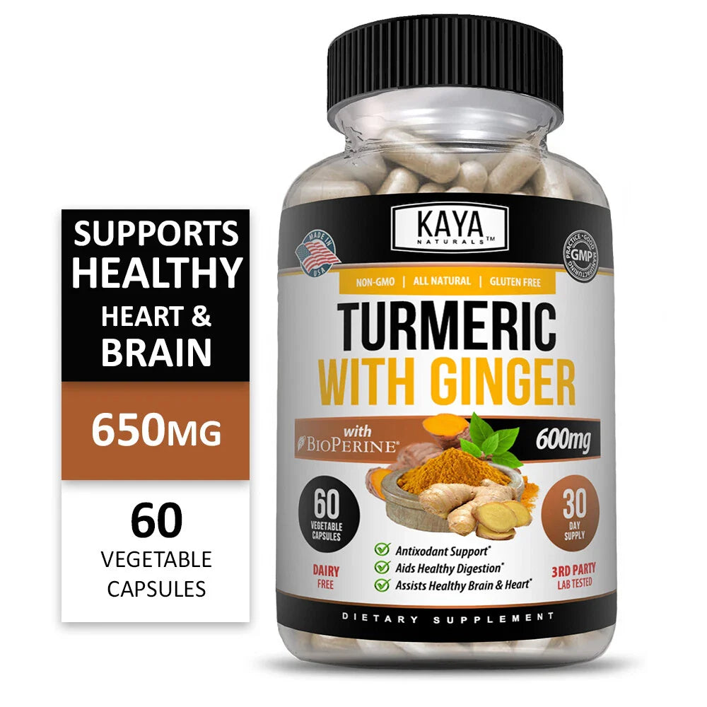 Turmeric Curcumin with Ginger Black Pepper 60ct Joint Pain Max Strength, Kaya Naturals.