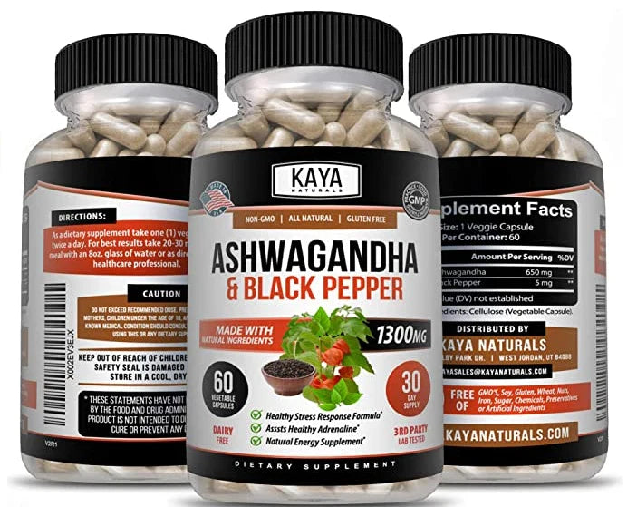 Ashwagandha Capsules 60ct 1300mg Supplement w/ Black Pepper Root Powder, Kaya Natural.