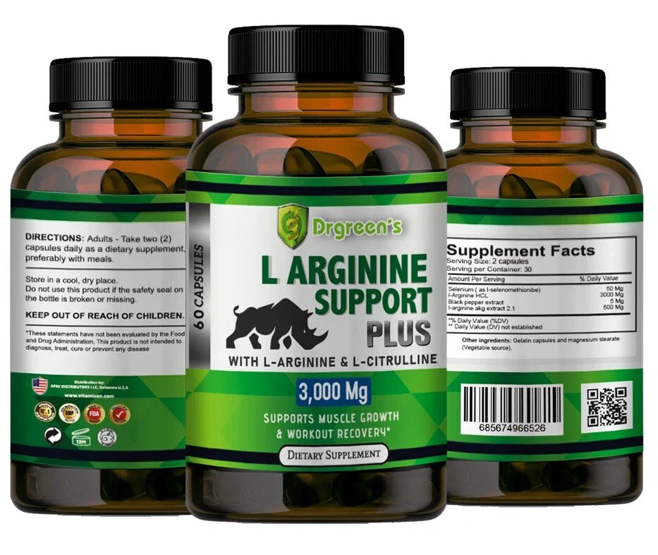 L-Arginine 60 Nitric Oxide, Endogenus Male Vitality Booster, ED Support 3000 mg, Drgreen's.