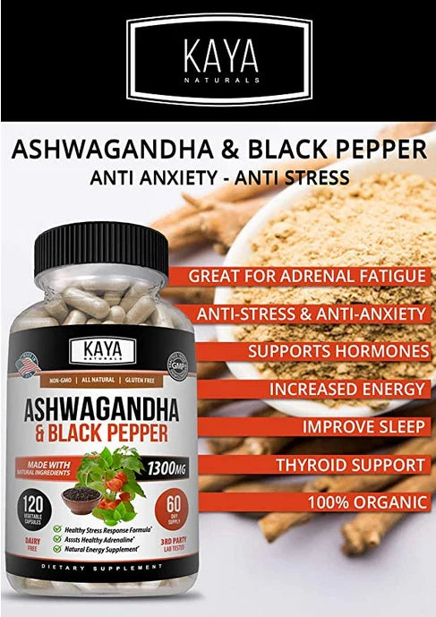 Ashwagandha Capsules 60ct 1300mg Supplement w/ Black Pepper Root Powder, Kaya Natural.