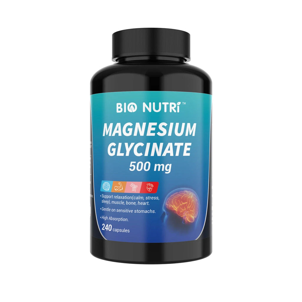 Bio Nutri, Magnesium Glycinate 500mg - 240 Capsules For Sleep, Stress Relief Support Bone