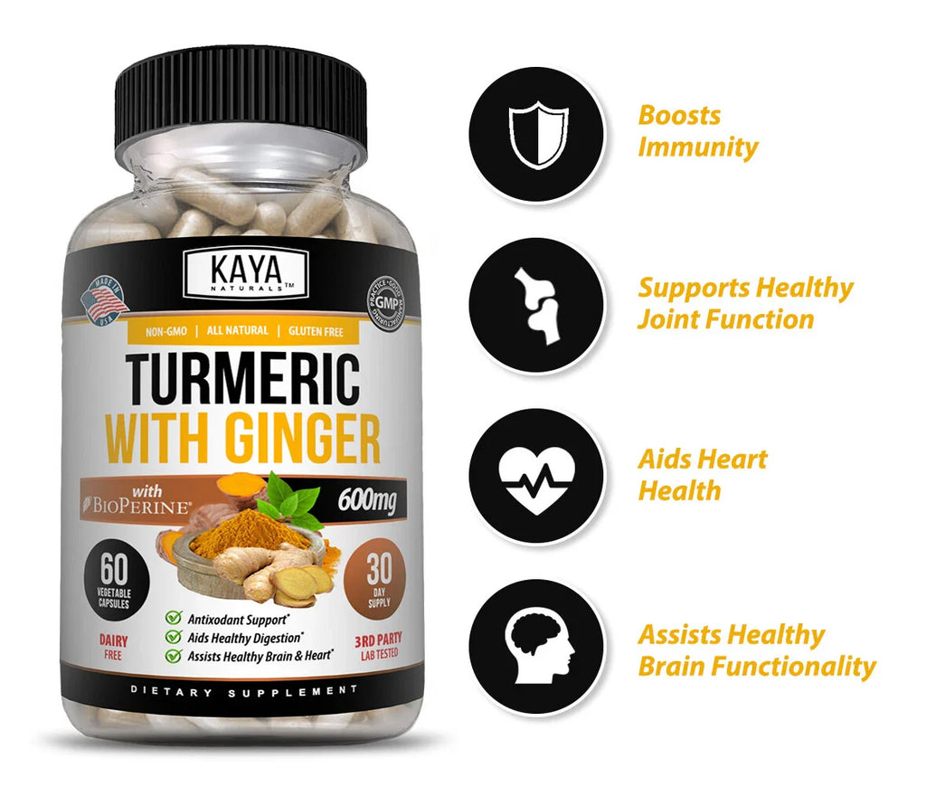 Turmeric Curcumin with Ginger Black Pepper 60ct Joint Pain Max Strength, Kaya Naturals.