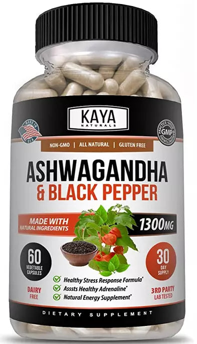 Ashwagandha Capsules 60ct 1300mg Supplement w/ Black Pepper Root Powder, Kaya Natural.