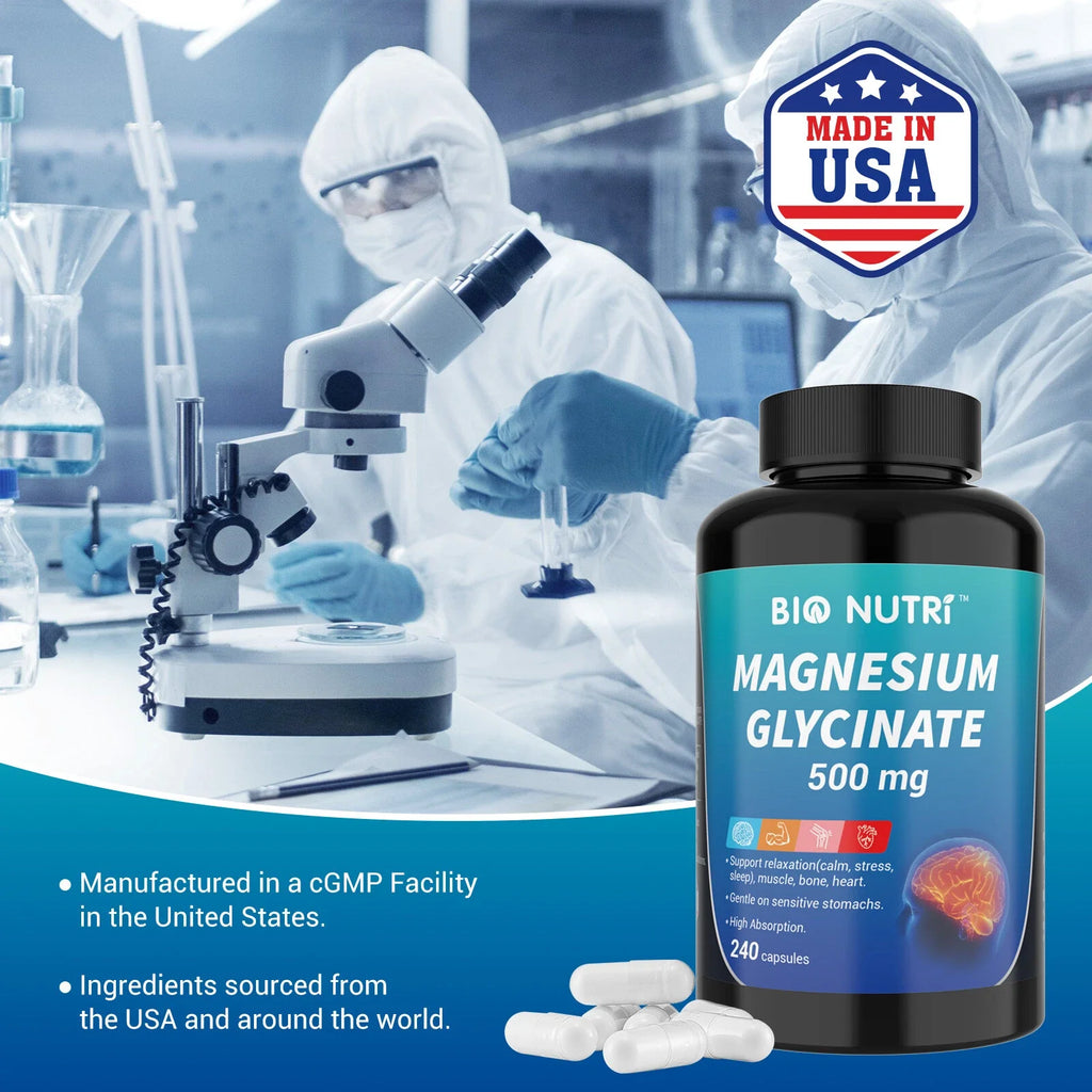 Bio Nutri, Magnesium Glycinate 500mg - 240 Capsules For Sleep, Stress Relief Support Bone
