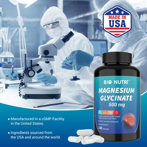 Bio Nutri, Magnesium Glycinate 500mg - 240 Capsules For Sleep, Stress Relief Support Bone