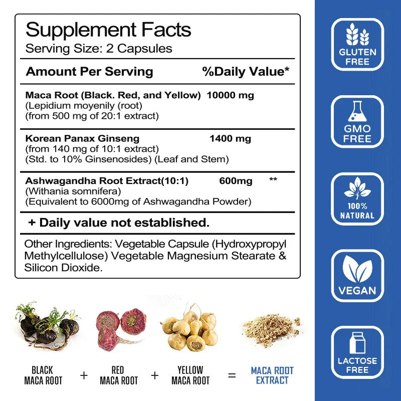 Maca Root Capsules 10000mg, Peruvian Maca Extract for Men & Women 120 Capsules