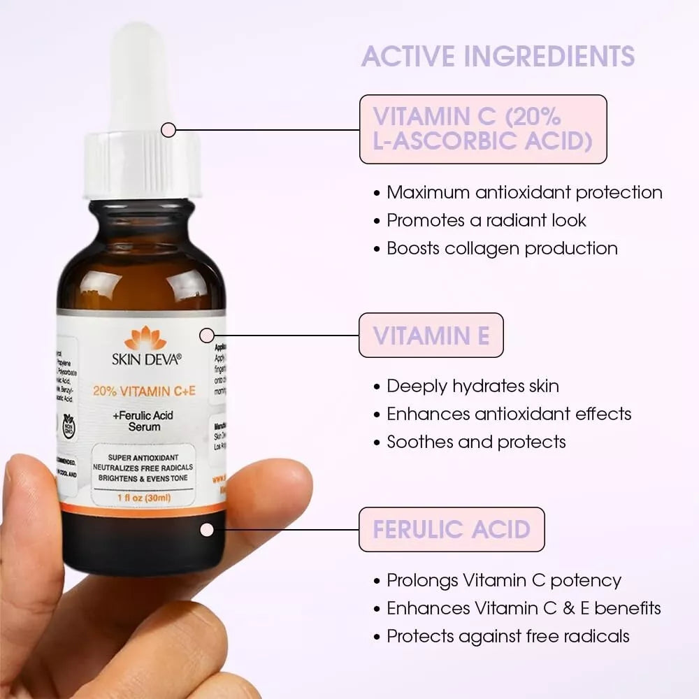 SKIN DEVA 20% Vitamin C  Serum for Face with Vitamin E Plus Ferulic Acid Skincare Water Based 1 fl oz 30 ML