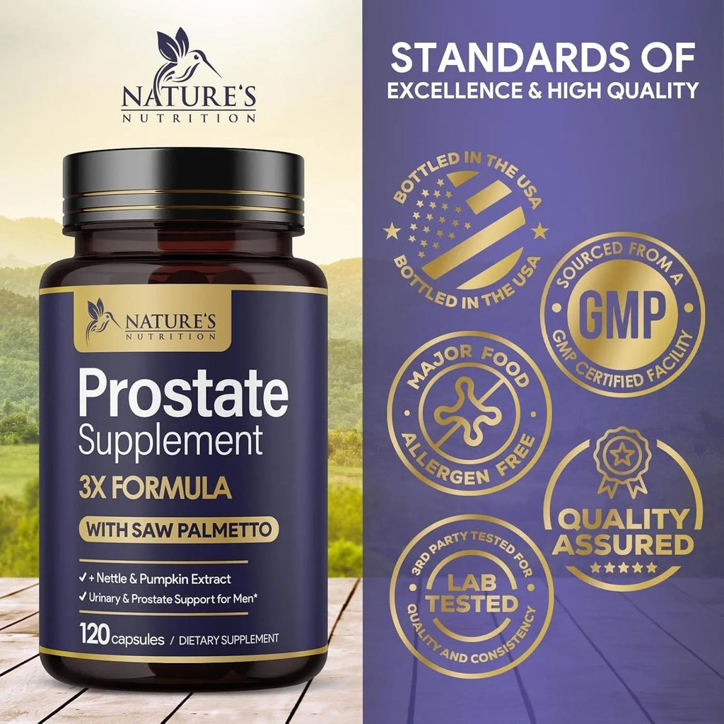 Prostate Supplement 3X Formula with Saw Palmetto by Natures Nutrition, 120 Capsules for Men 1000mg