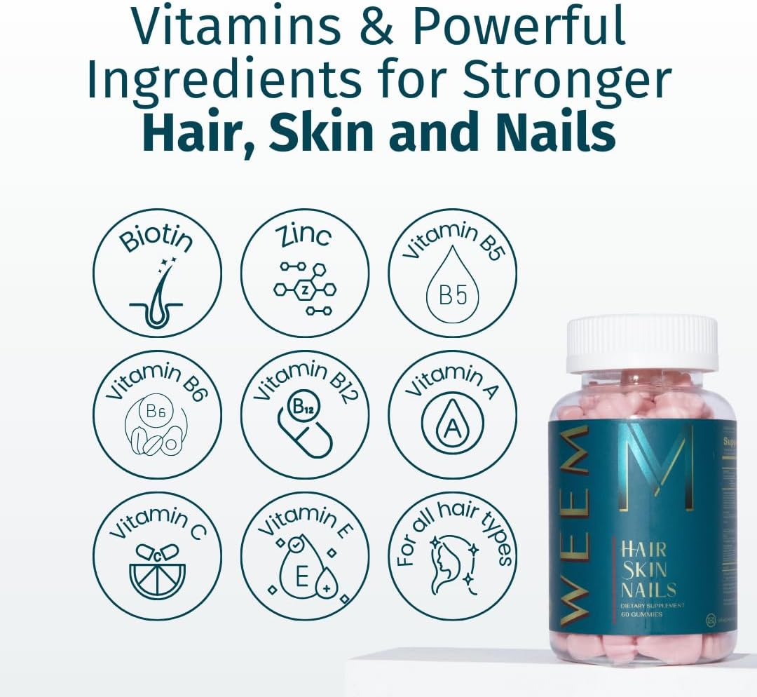 WEEM Hair, Skin &amp; Nails Gummies – ( 3-Pack) Vegan Biotin Vitamins for Faster Hair Growth.